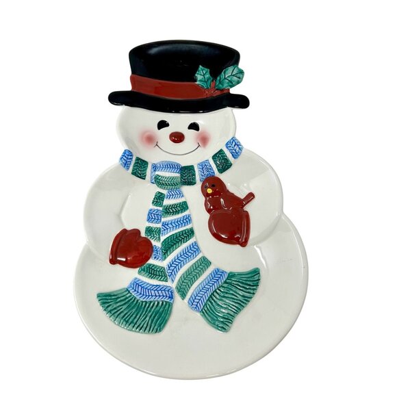 Holiday Snowman Ceramic‎ Serving Plate With Cardinal & Scarf - Picture 1 of 4